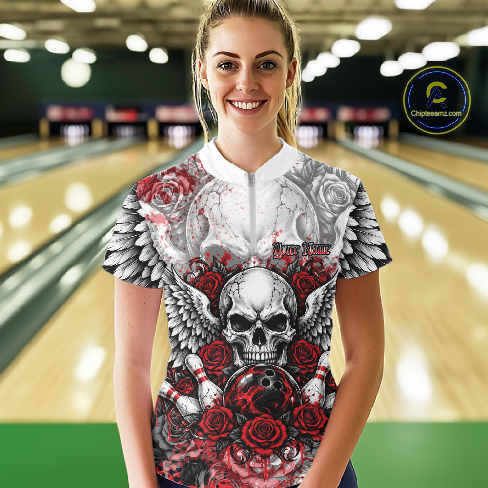 Red Roses And Skull With Wings Custom Bowling Women Quarter-Zip Shirt, Halloween Outfit IPHW12150