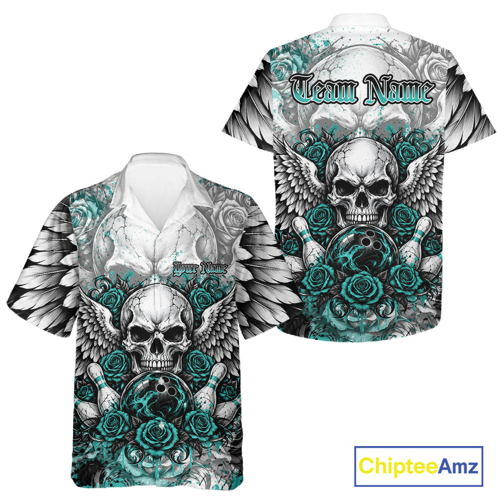 Turquoise Blue Roses And Skull With Wings Custom Bowling Men And Women Button Up Shirt, Halloween Outfit IPHW12151