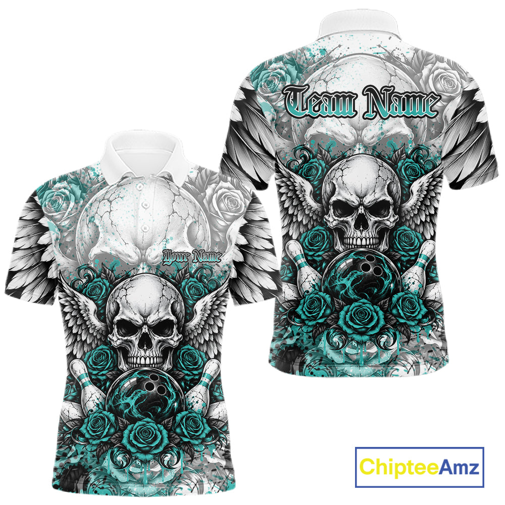 Turquoise Blue Roses And Skull With Wings Custom Bowling Men Polo Shirt, Halloween Outfit IPHW12151