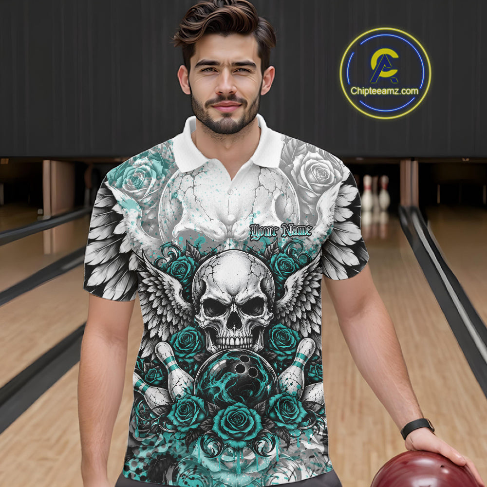 Turquoise Blue Roses And Skull With Wings Custom Bowling Men Polo Shirt, Halloween Outfit IPHW12151