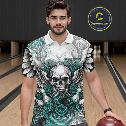 Turquoise Blue Roses And Skull With Wings Custom Bowling Men Polo Shirt, Halloween Outfit IPHW12151
