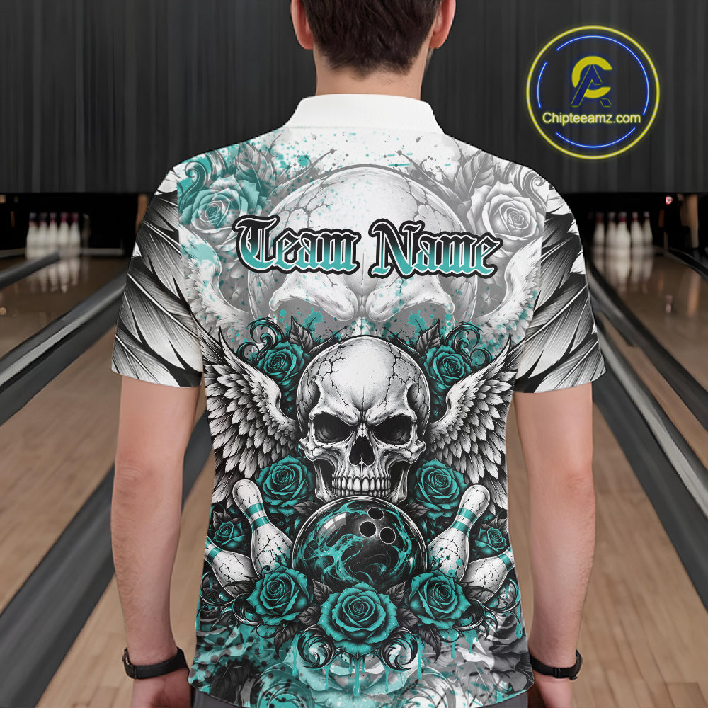 Turquoise Blue Roses And Skull With Wings Custom Bowling Men Polo Shirt, Halloween Outfit IPHW12151