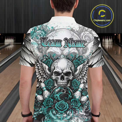 Turquoise Blue Roses And Skull With Wings Custom Bowling Men Polo Shirt, Halloween Outfit IPHW12151