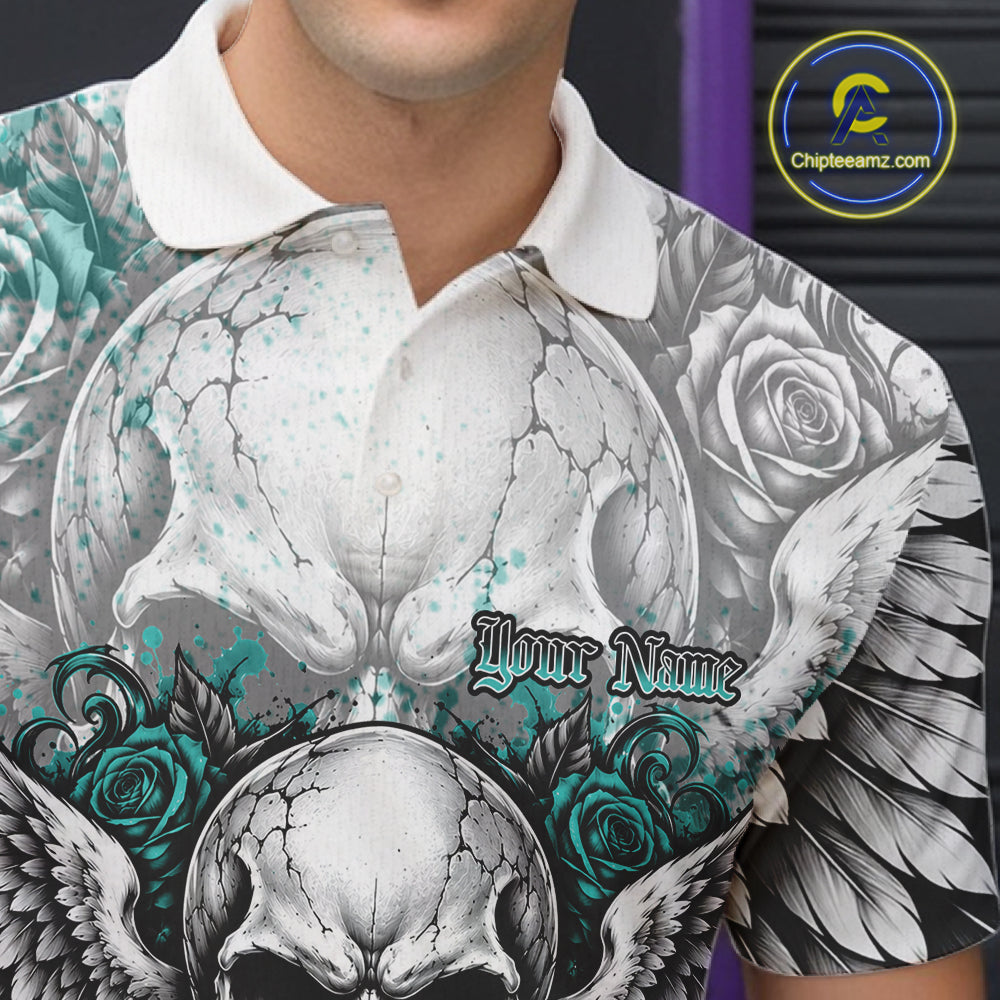 Turquoise Blue Roses And Skull With Wings Custom Bowling Men Polo Shirt, Halloween Outfit IPHW12151