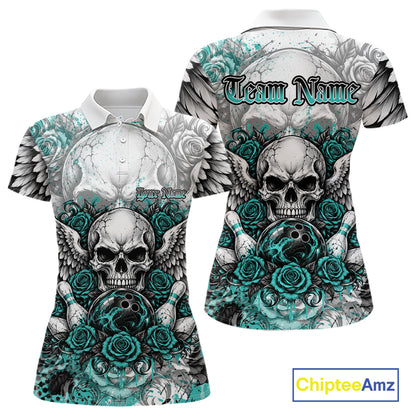 Turquoise Blue Roses And Skull With Wings Custom Bowling Women Polo Shirt, Halloween Outfit IPHW12151