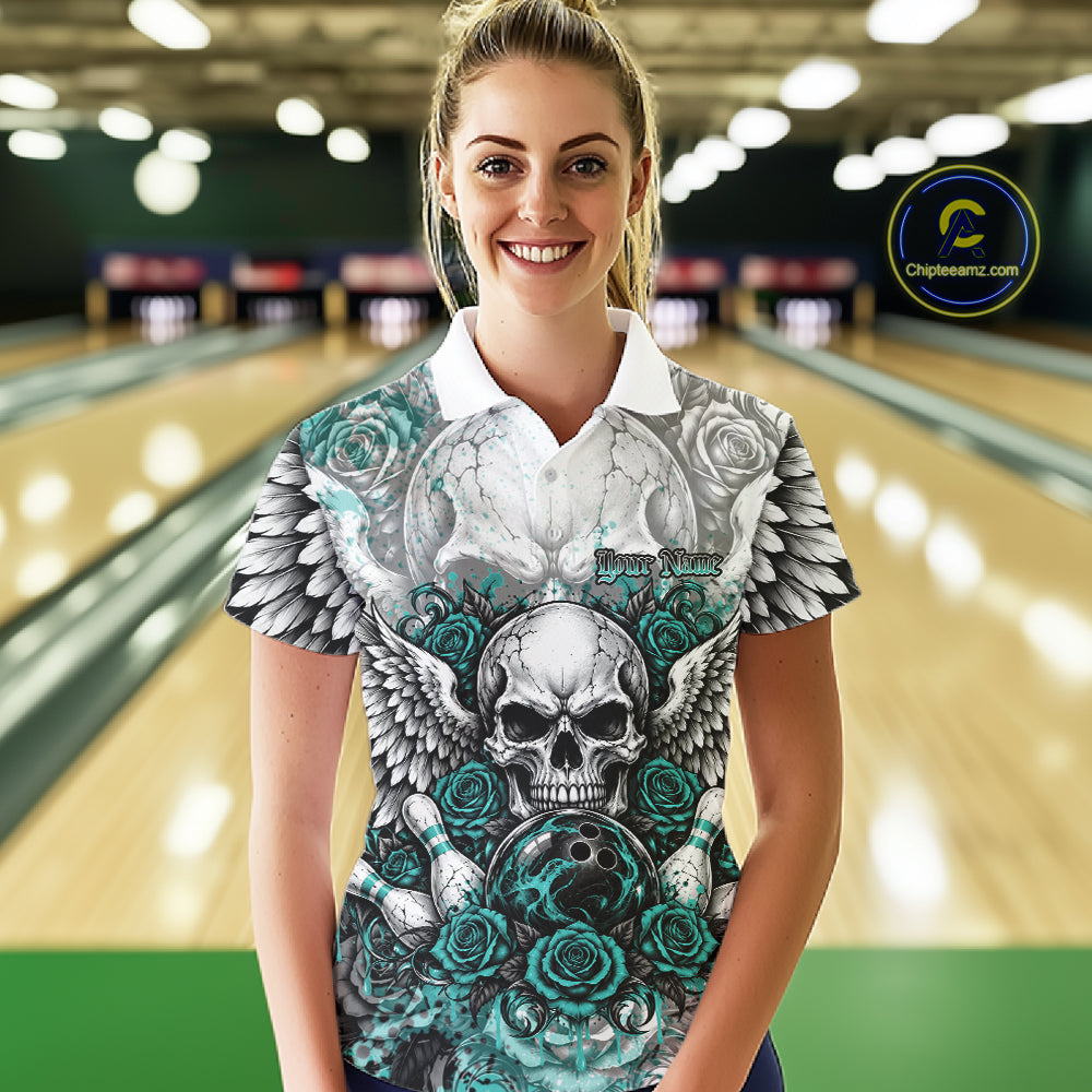 Turquoise Blue Roses And Skull With Wings Custom Bowling Women Polo Shirt, Halloween Outfit IPHW12151