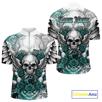 Turquoise Blue Roses And Skull With Wings Custom Bowling Men Quarter Zip Shirt, Halloween Outfit IPHW12151