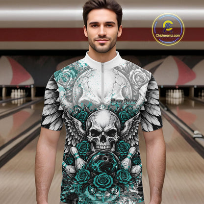 Turquoise Blue Roses And Skull With Wings Custom Bowling Men Quarter Zip Shirt, Halloween Outfit IPHW12151