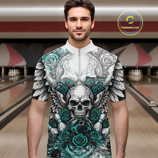 Turquoise Blue Roses And Skull With Wings Custom Bowling Men Quarter Zip Shirt, Halloween Outfit IPHW12151