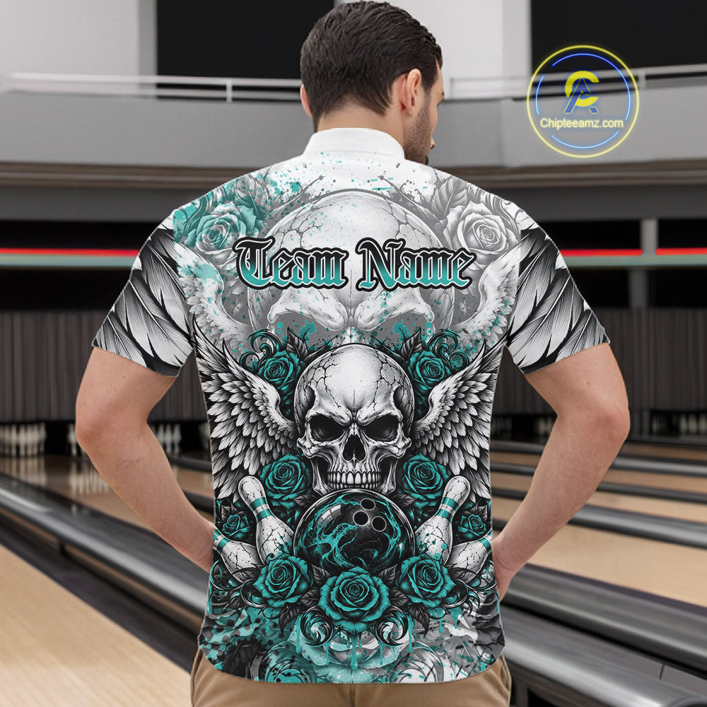Turquoise Blue Roses And Skull With Wings Custom Bowling Men Quarter Zip Shirt, Halloween Outfit IPHW12151