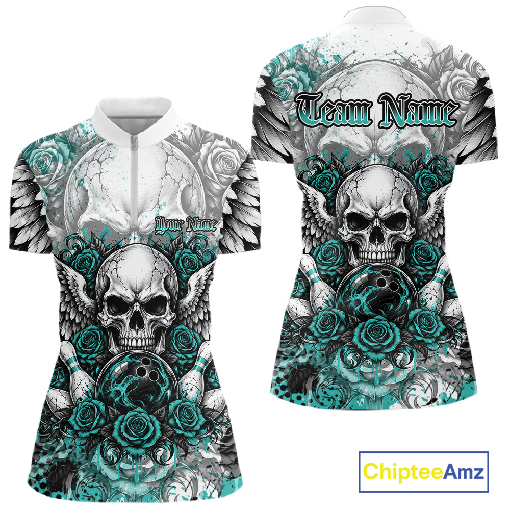 Turquoise Blue Roses And Skull With Wings Custom Bowling Women Shirt, Halloween Outfit IPHW12151