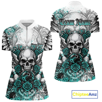 Turquoise Blue Roses And Skull With Wings Custom Bowling Women Shirt, Halloween Outfit IPHW12151