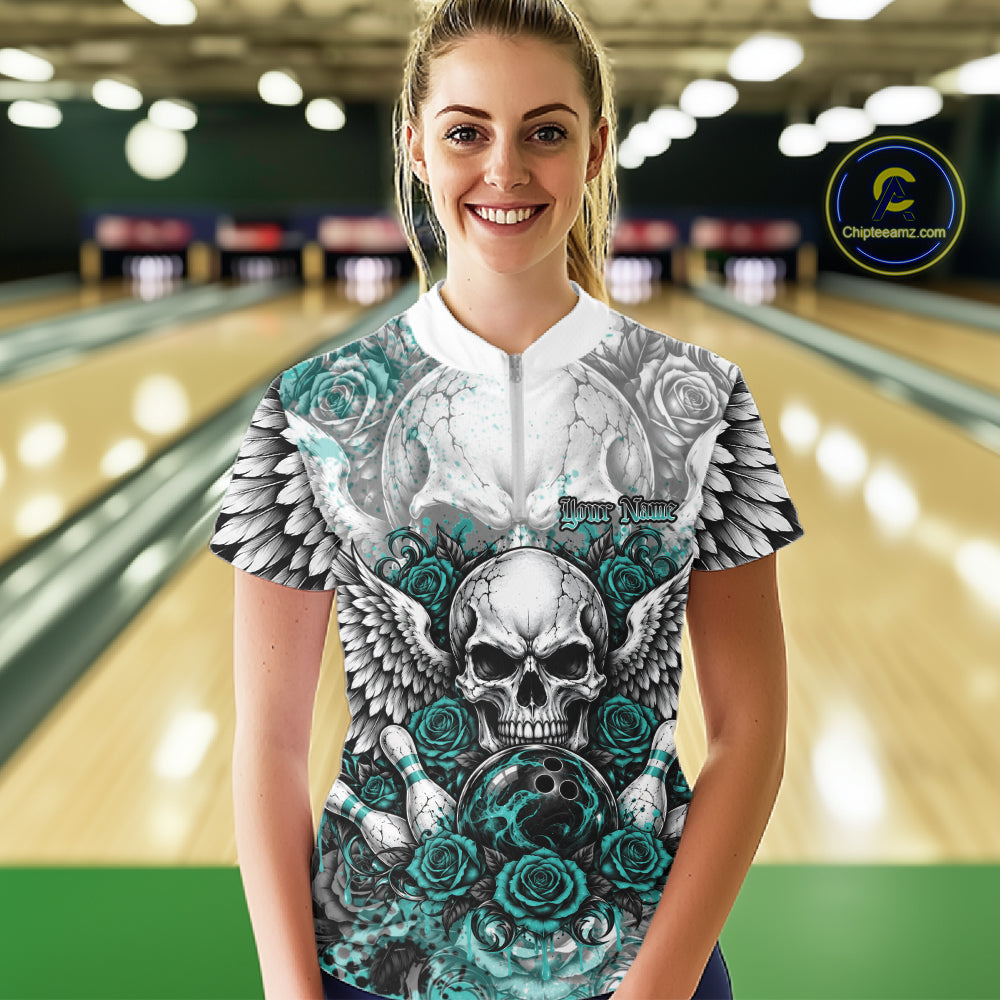 Turquoise Blue Roses And Skull With Wings Custom Bowling Women Shirt, Halloween Outfit IPHW12151