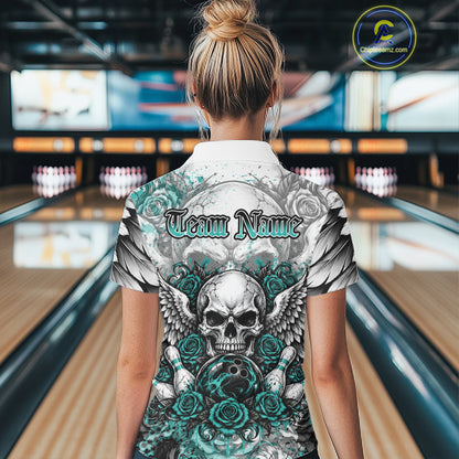 Turquoise Blue Roses And Skull With Wings Custom Bowling Women Shirt, Halloween Outfit IPHW12151