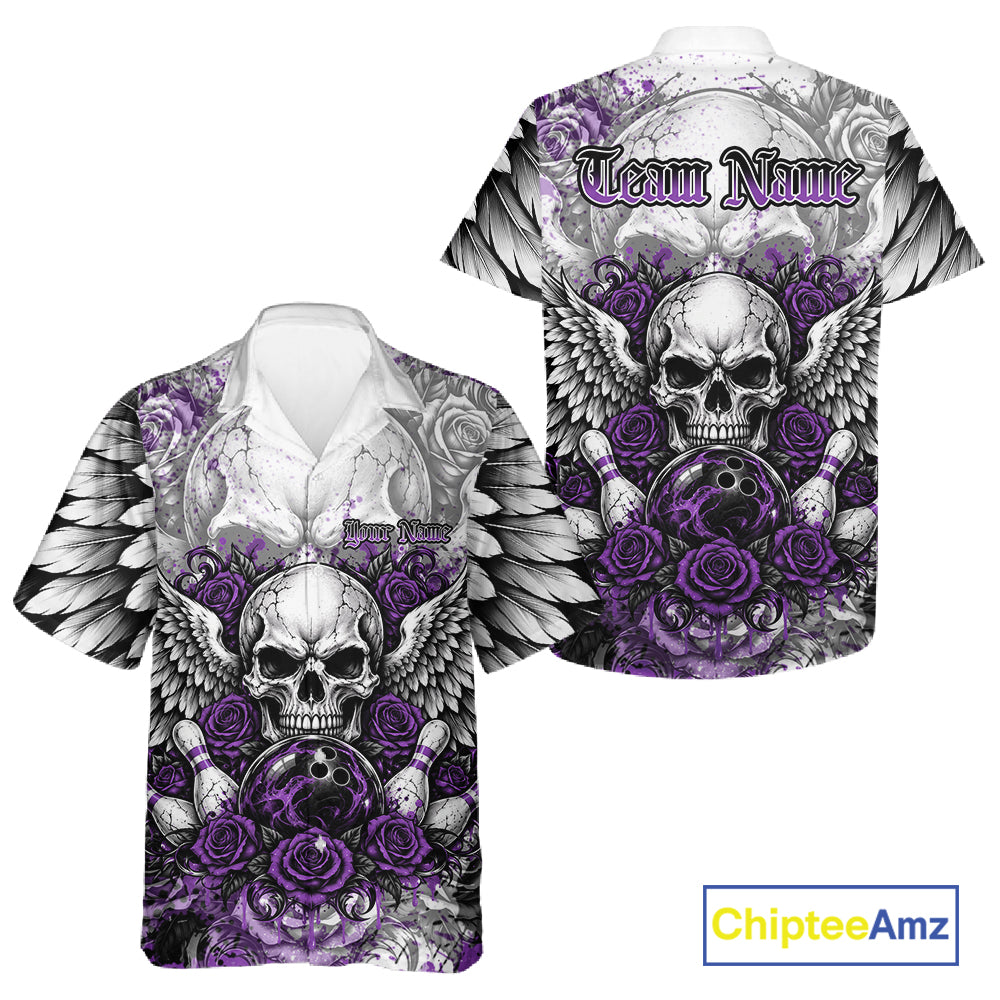 Purple Roses And Skull With Wings Custom Bowling Men And Women Button Up Shirt, Halloween Bowler Outfit IPHW12152