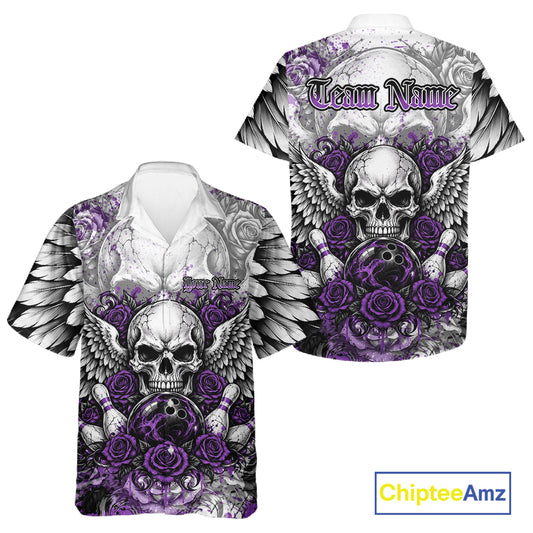 Purple Roses And Skull With Wings Custom Bowling Men And Women Button Up Shirt, Halloween Bowler Outfit IPHW12152