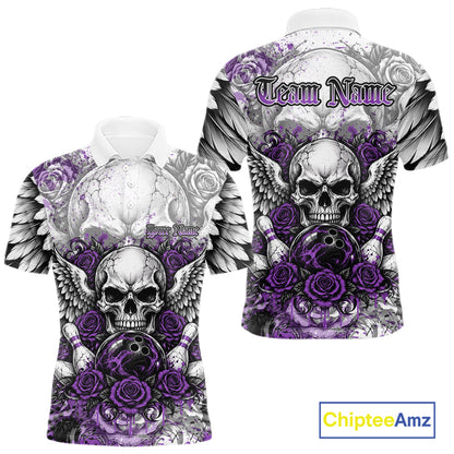 Purple Roses And Skull With Wings Custom Bowling Men Polo Shirt, Halloween Bowler Outfit IPHW12152
