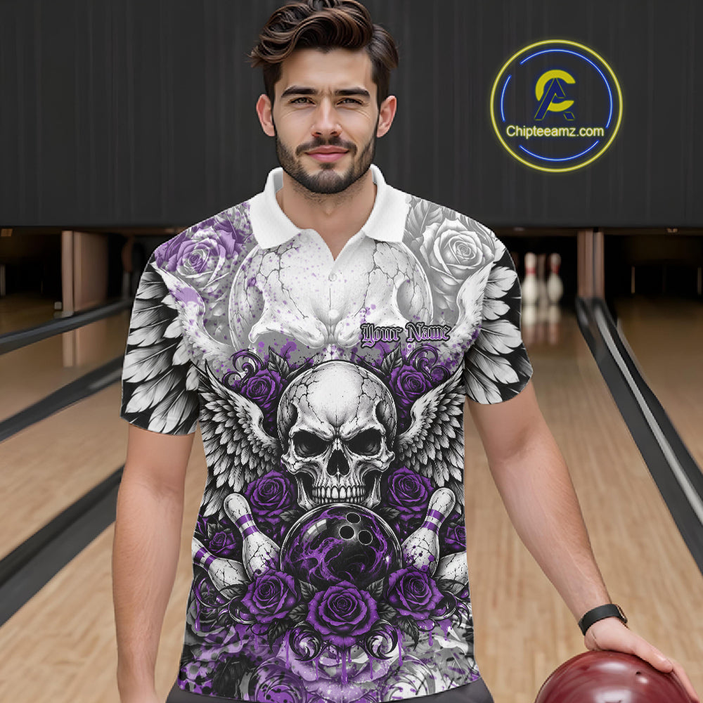 Purple Roses And Skull With Wings Custom Bowling Men Polo Shirt, Halloween Bowler Outfit IPHW12152