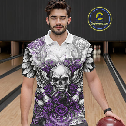 Purple Roses And Skull With Wings Custom Bowling Men Polo Shirt, Halloween Bowler Outfit IPHW12152