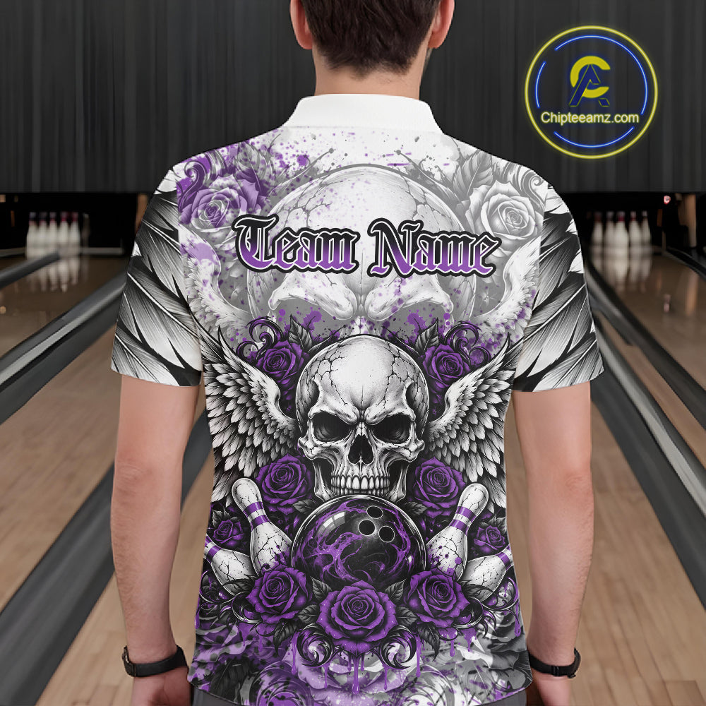 Purple Roses And Skull With Wings Custom Bowling Men Polo Shirt, Halloween Bowler Outfit IPHW12152