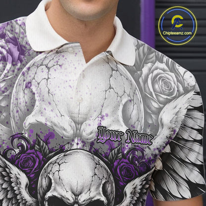 Purple Roses And Skull With Wings Custom Bowling Men Polo Shirt, Halloween Bowler Outfit IPHW12152