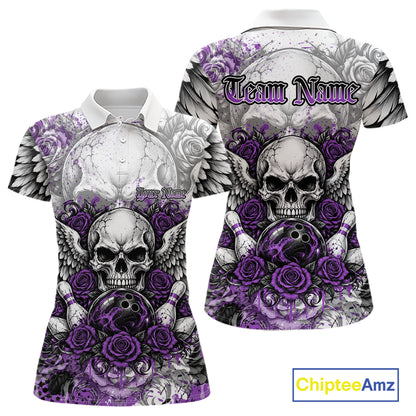 Purple Roses And Skull With Wings Custom Bowling Women Polo Shirt, Halloween Bowler Outfit IPHW12152