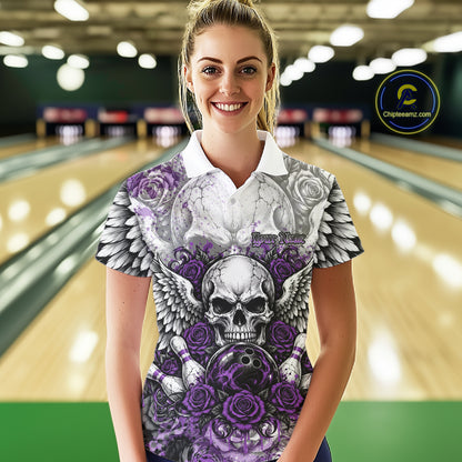 Purple Roses And Skull With Wings Custom Bowling Women Polo Shirt, Halloween Bowler Outfit IPHW12152