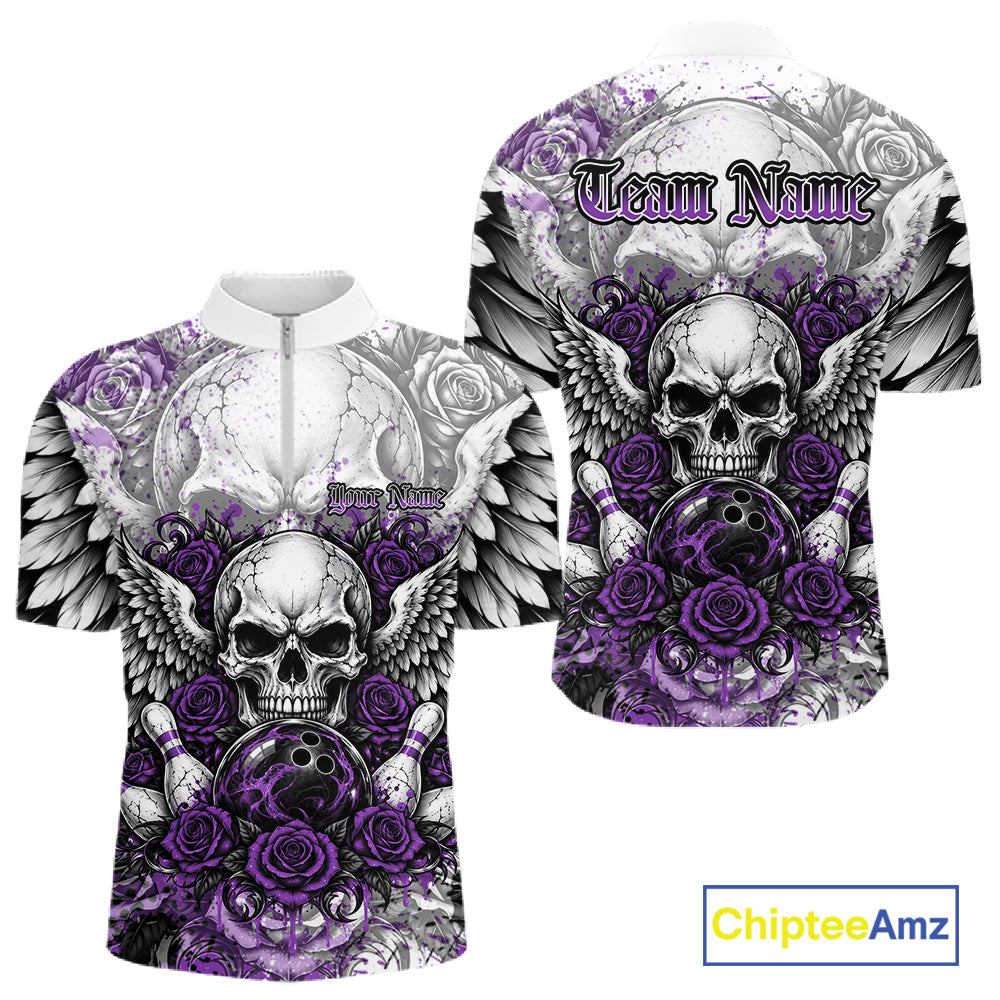 Purple Roses And Skull With Wings Custom Bowling Men Quarter Zip Shirt, Halloween Bowler Outfit IPHW12152