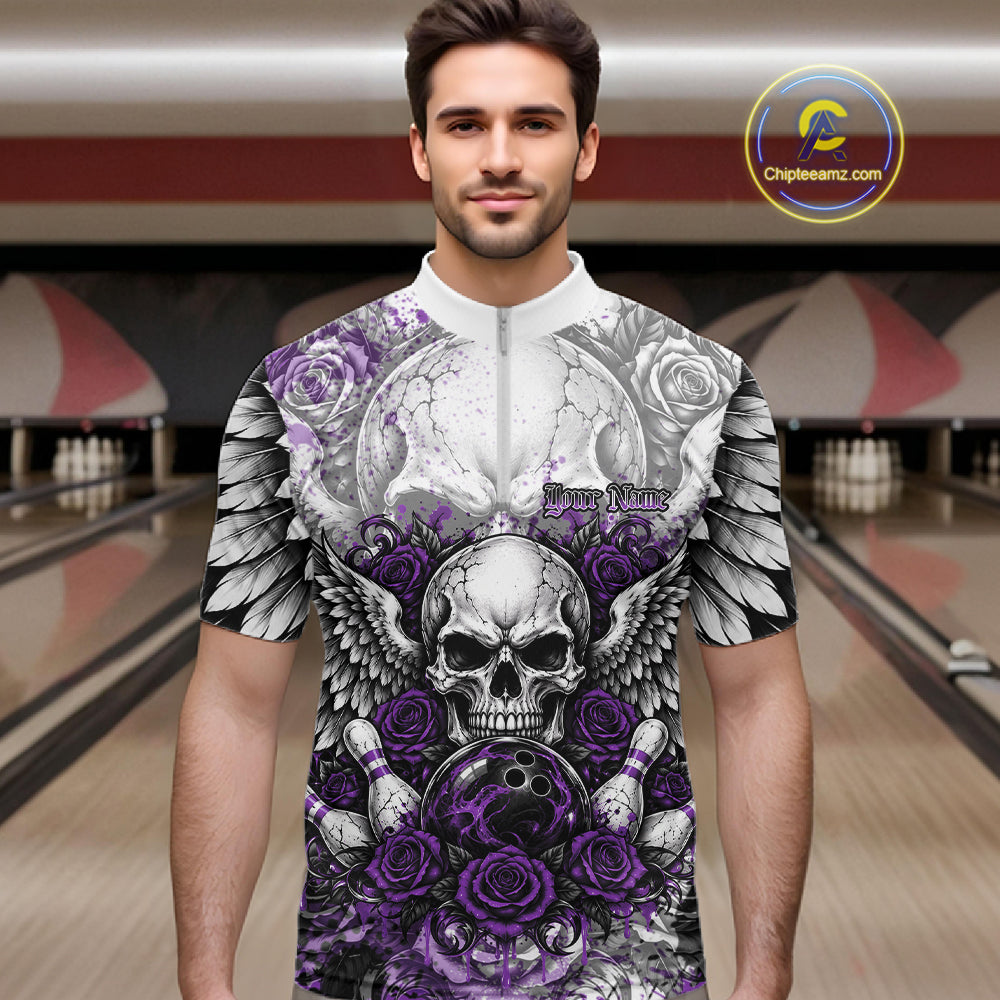 Purple Roses And Skull With Wings Custom Bowling Men Quarter Zip Shirt, Halloween Bowler Outfit IPHW12152