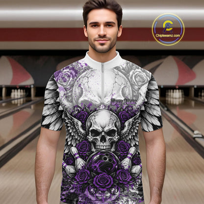 Purple Roses And Skull With Wings Custom Bowling Men Quarter Zip Shirt, Halloween Bowler Outfit IPHW12152
