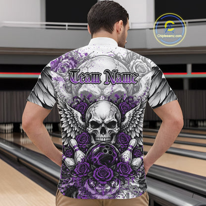 Purple Roses And Skull With Wings Custom Bowling Men Quarter Zip Shirt, Halloween Bowler Outfit IPHW12152