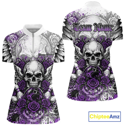 Purple Roses And Skull With Wings Custom Bowling Women Shirt, Halloween Bowler Outfit IPHW12152