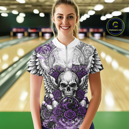 Purple Roses And Skull With Wings Custom Bowling Women Shirt, Halloween Bowler Outfit IPHW12152