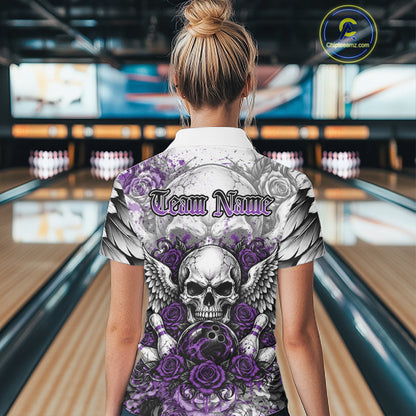 Purple Roses And Skull With Wings Custom Bowling Women Shirt, Halloween Bowler Outfit IPHW12152