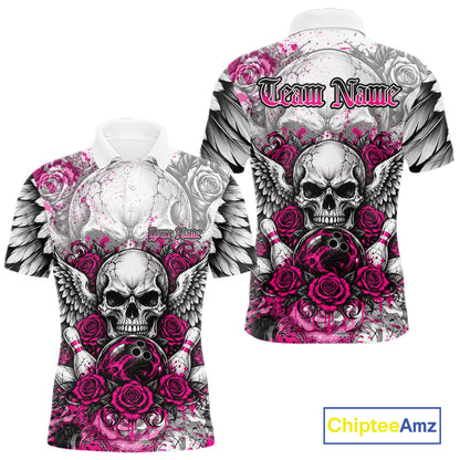 Pink Roses And Skull With Wings Custom Bowling Men Polo Shirt, Halloween Bowler Outfit IPHW12153