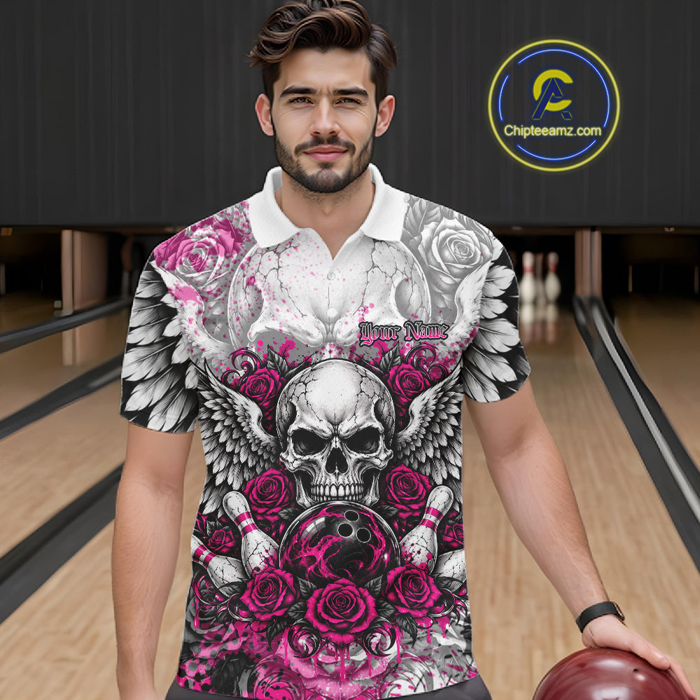 Pink Roses And Skull With Wings Custom Bowling Men Polo Shirt, Halloween Bowler Outfit IPHW12153