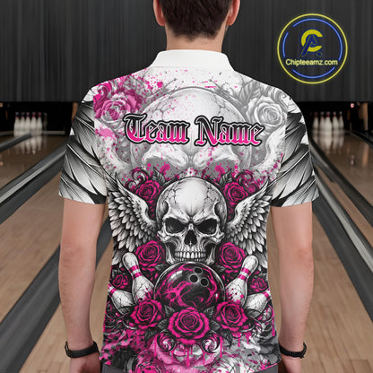 Pink Roses And Skull With Wings Custom Bowling Men Polo Shirt, Halloween Bowler Outfit IPHW12153
