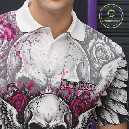 Pink Roses And Skull With Wings Custom Bowling Men Polo Shirt, Halloween Bowler Outfit IPHW12153