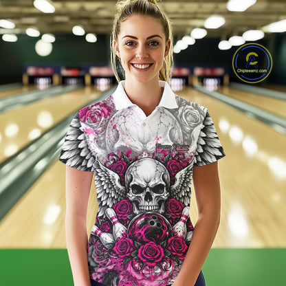 Pink Roses And Skull With Wings Custom Bowling Women Polo Shirt, Halloween Bowler Outfit IPHW12153
