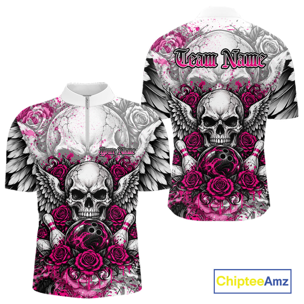 Pink Roses And Skull With Wings Custom Bowling Men Quarter Zip Shirt, Halloween Bowler Outfit IPHW12153
