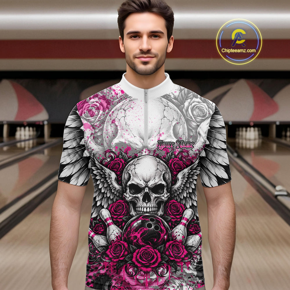 Pink Roses And Skull With Wings Custom Bowling Men Quarter Zip Shirt, Halloween Bowler Outfit IPHW12153