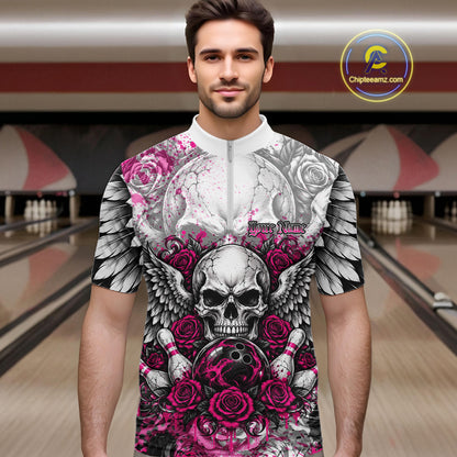 Pink Roses And Skull With Wings Custom Bowling Men Quarter Zip Shirt, Halloween Bowler Outfit IPHW12153