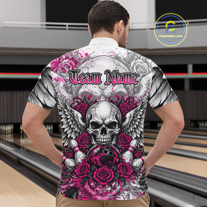 Pink Roses And Skull With Wings Custom Bowling Men Quarter Zip Shirt, Halloween Bowler Outfit IPHW12153