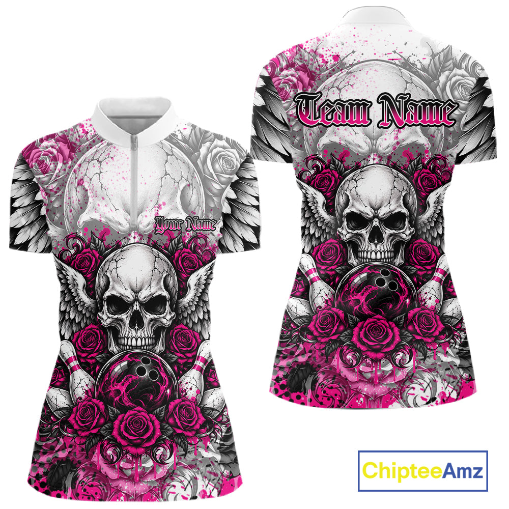 Pink Roses And Skull With Wings Custom Bowling Women Quarter-Zip Shirt, Halloween Outfit IPHW12153