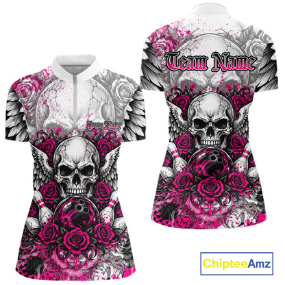Pink Roses And Skull With Wings Custom Bowling Women Quarter-Zip Shirt, Halloween Outfit IPHW12153