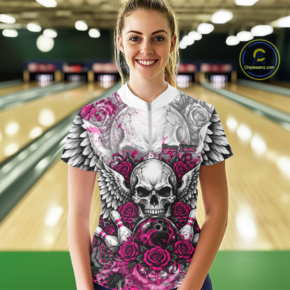 Pink Roses And Skull With Wings Custom Bowling Women Quarter-Zip Shirt, Halloween Outfit IPHW12153