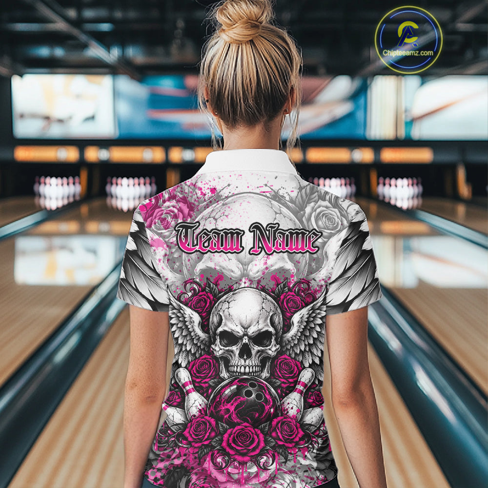 Pink Roses And Skull With Wings Custom Bowling Women Quarter-Zip Shirt, Halloween Outfit IPHW12153