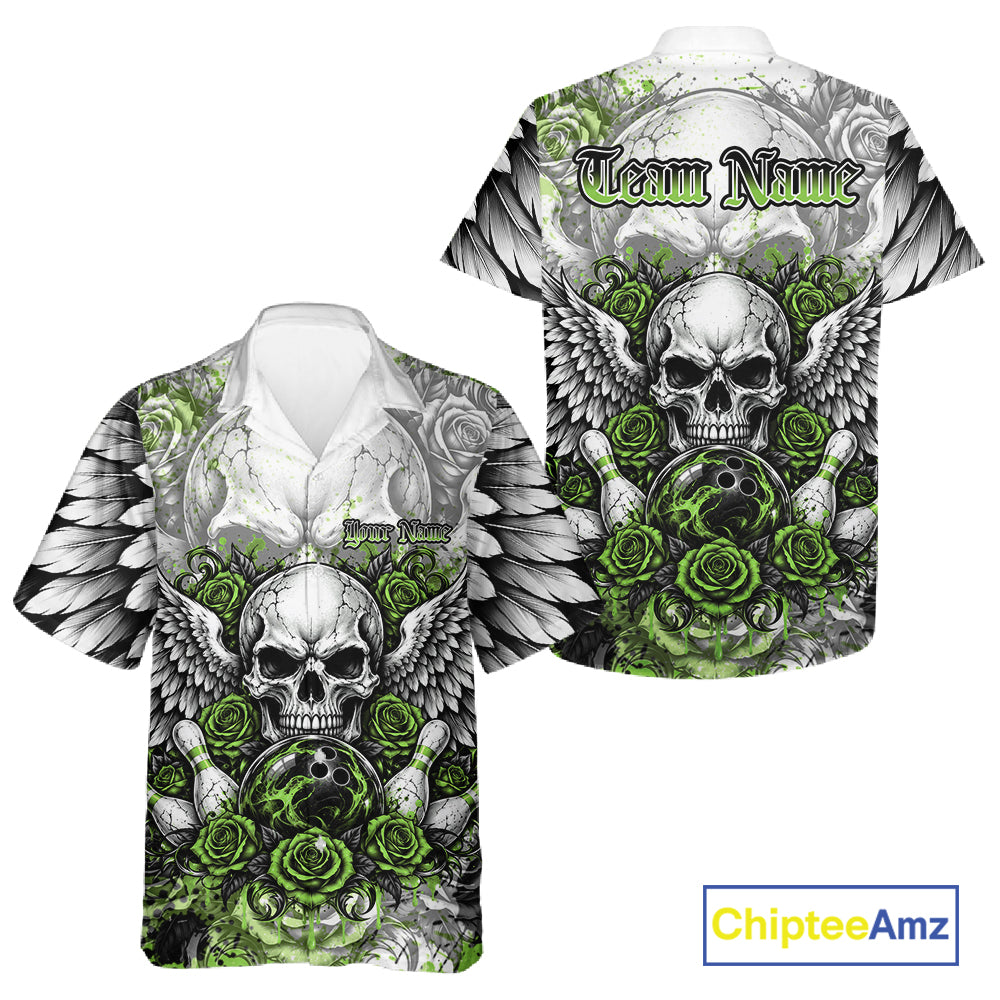 Green Roses And Skull With Wings Custom Bowling Men And Women Button Up Shirt, Halloween Bowler Outfit IPHW12154