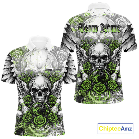 Green Roses And Skull With Wings Custom Bowling Men Polo Shirt, Halloween Bowler Outfit IPHW12154