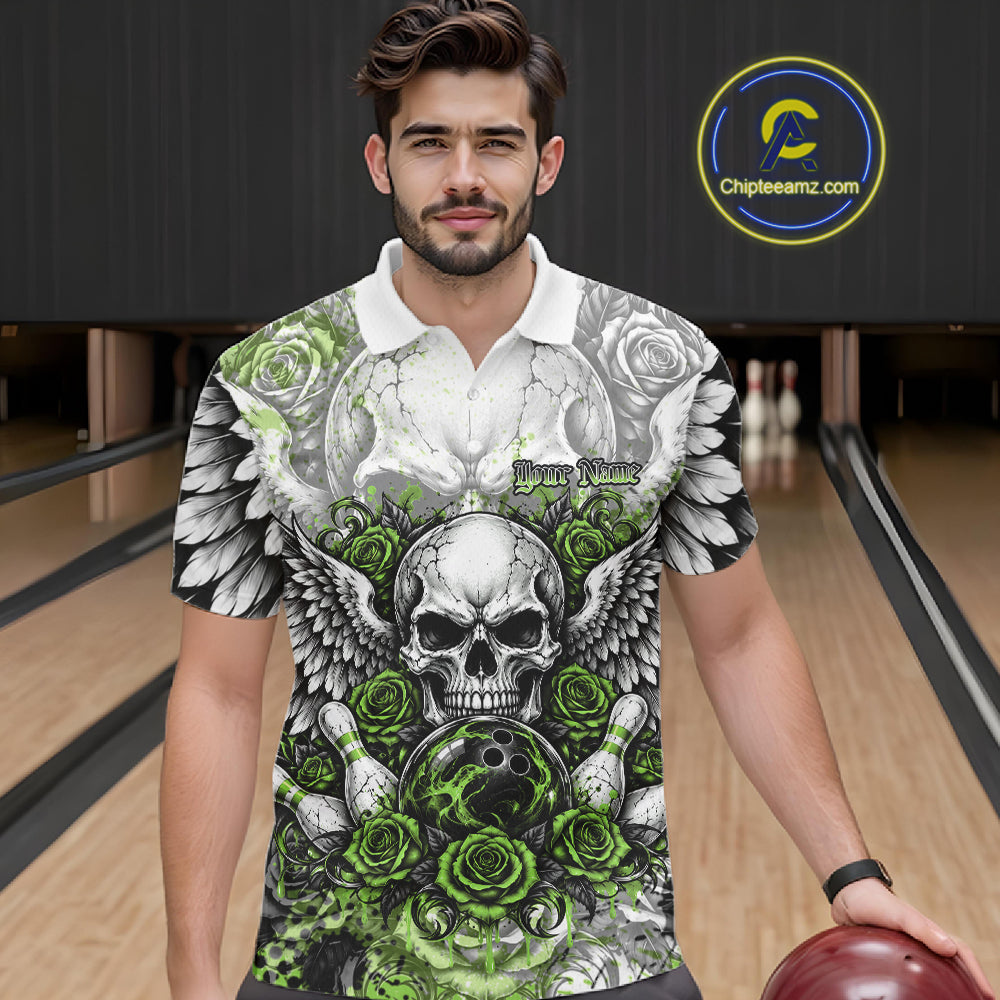Green Roses And Skull With Wings Custom Bowling Men Polo Shirt, Halloween Bowler Outfit IPHW12154